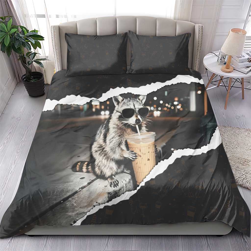 Cool Raccoon Drinking Iced Coffee Bedding Set Funny Animal Meme Urban Night Photography