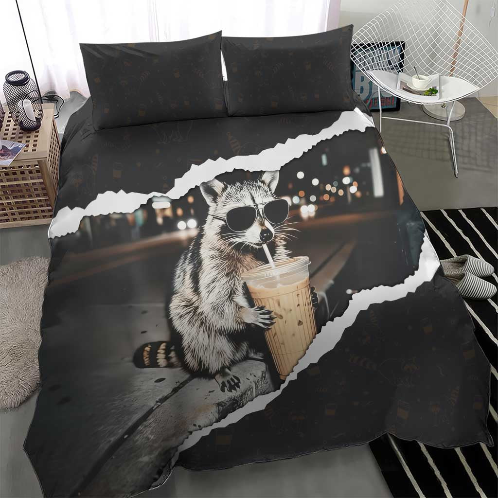 Cool Raccoon Drinking Iced Coffee Bedding Set Funny Animal Meme Urban Night Photography