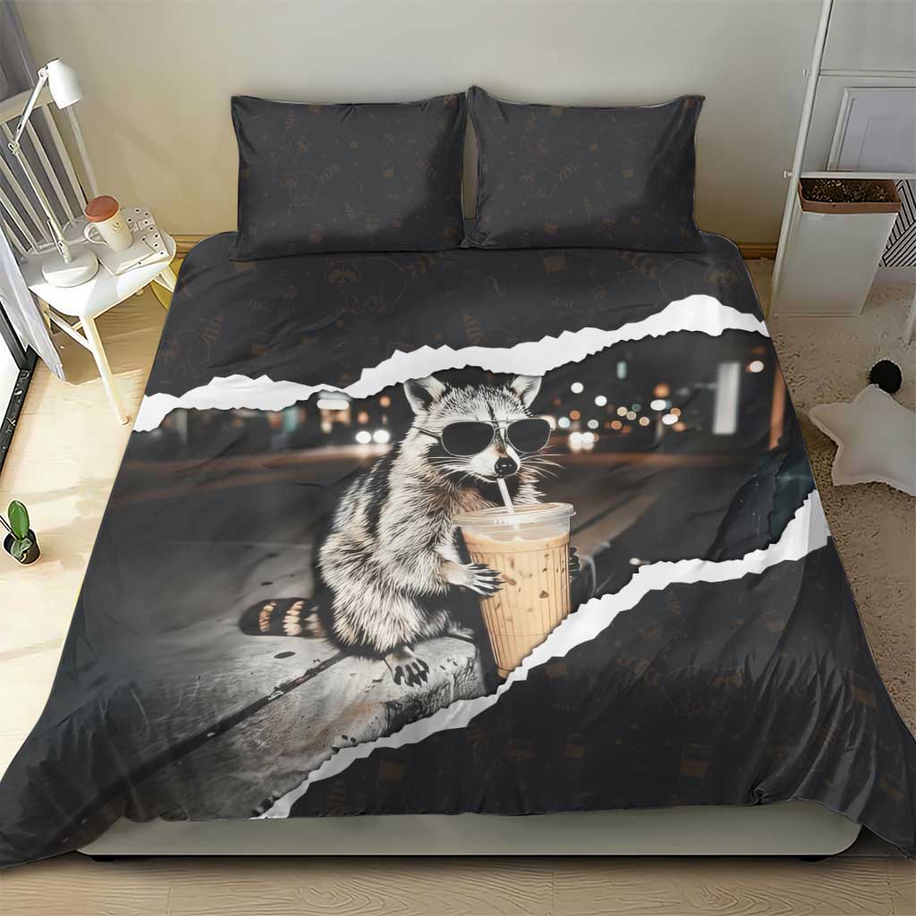 Cool Raccoon Drinking Iced Coffee Bedding Set Funny Animal Meme Urban Night Photography