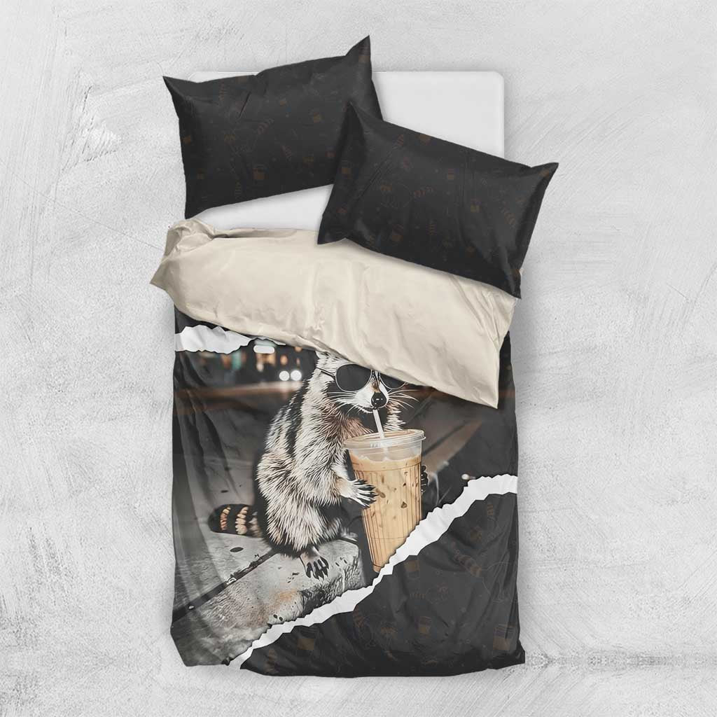 Cool Raccoon Drinking Iced Coffee Bedding Set Funny Animal Meme Urban Night Photography