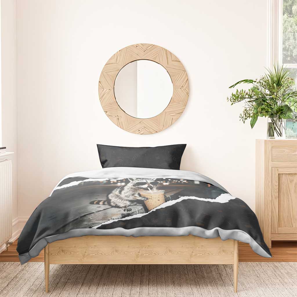 Cool Raccoon Drinking Iced Coffee Bedding Set Funny Animal Meme Urban Night Photography