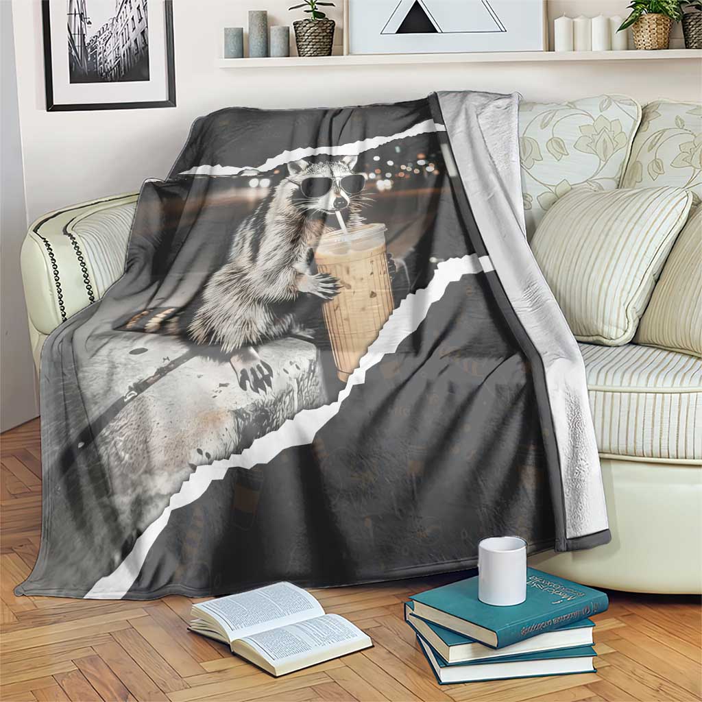 Cool Raccoon Drinking Iced Coffee Blanket Funny Animal Meme Urban Night Photography