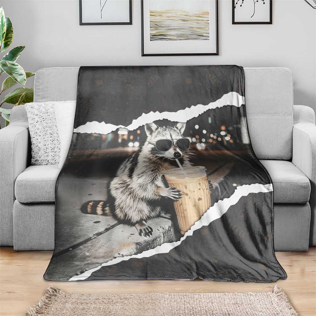 Cool Raccoon Drinking Iced Coffee Blanket Funny Animal Meme Urban Night Photography