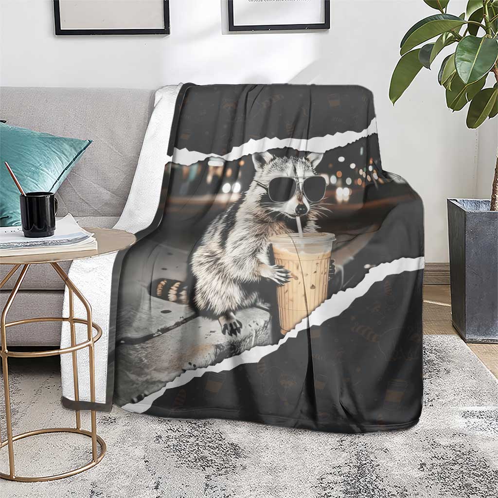 Cool Raccoon Drinking Iced Coffee Blanket Funny Animal Meme Urban Night Photography