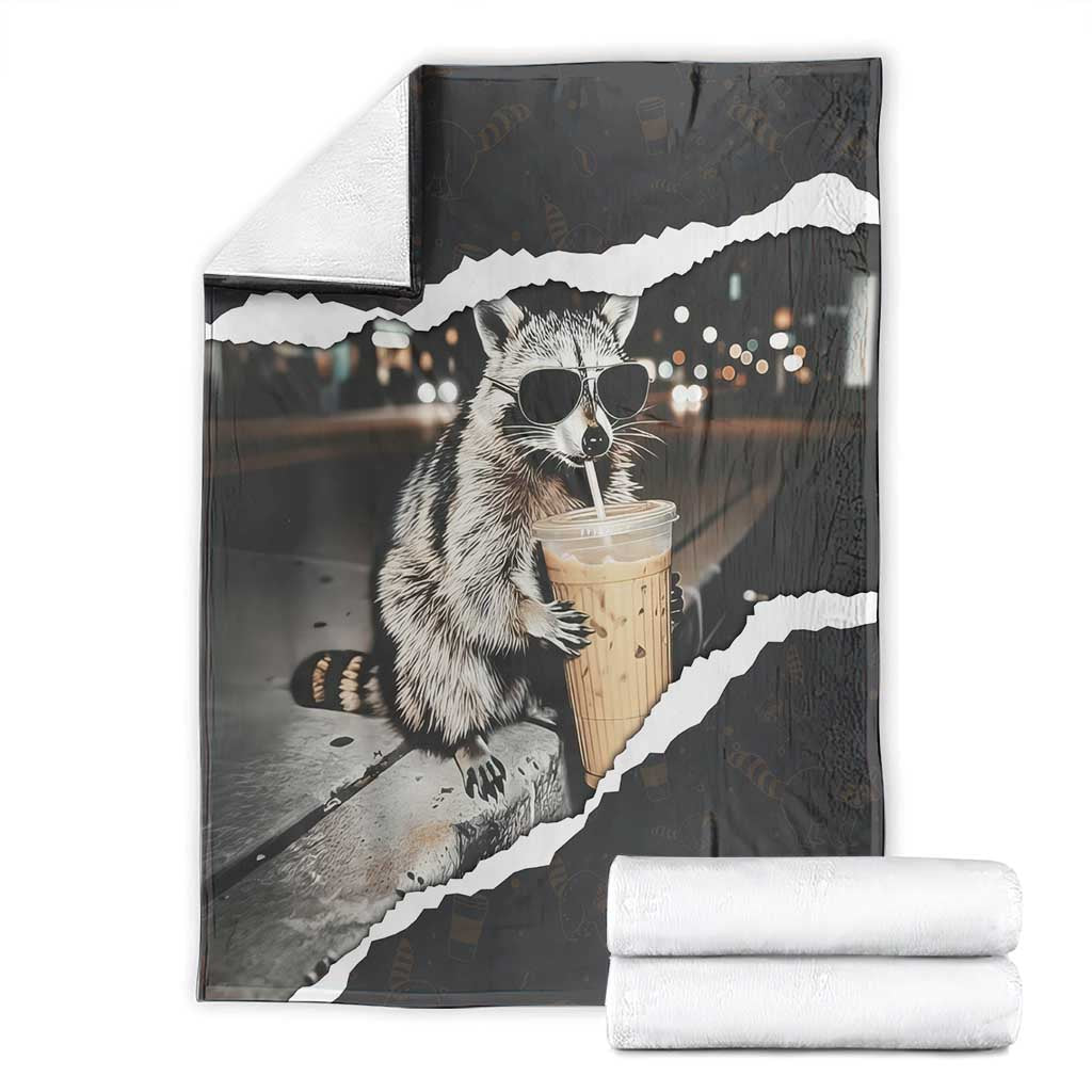 Cool Raccoon Drinking Iced Coffee Blanket Funny Animal Meme Urban Night Photography