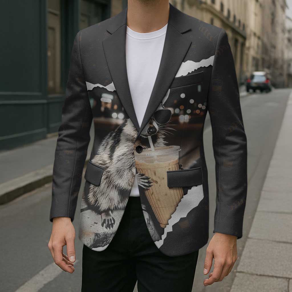 Cool Raccoon Drinking Iced Coffee Blazer Funny Animal Meme Urban Night Photography