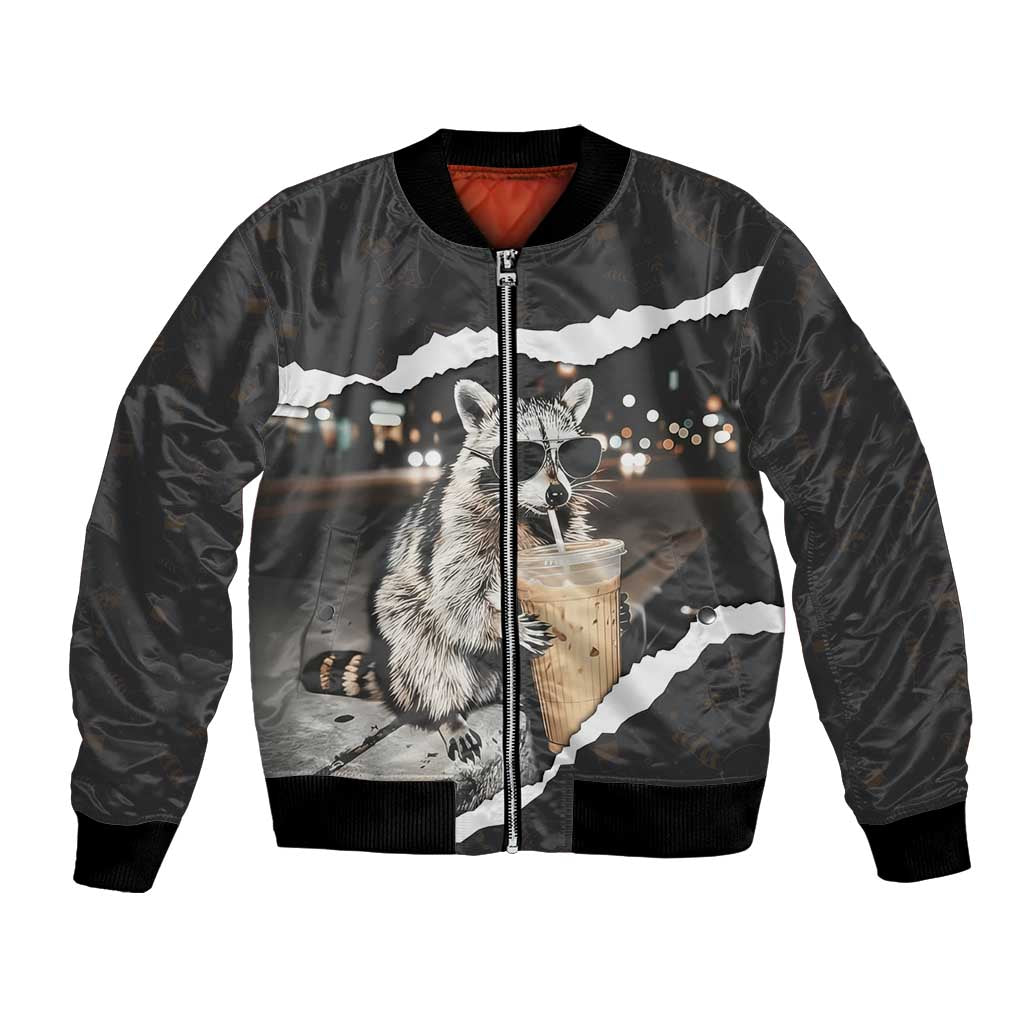 Cool Raccoon Drinking Iced Coffee Bomber Jacket Funny Animal Meme Urban Night Photography