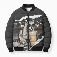 Cool Raccoon Drinking Iced Coffee Bomber Puffer Jacket Funny Animal Meme Urban Night Photography