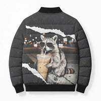 Cool Raccoon Drinking Iced Coffee Bomber Puffer Jacket Funny Animal Meme Urban Night Photography