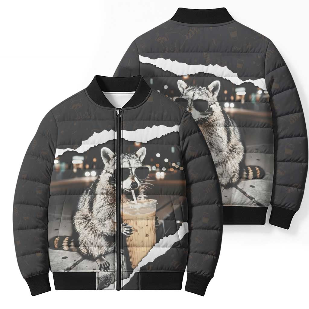 Cool Raccoon Drinking Iced Coffee Bomber Puffer Jacket Funny Animal Meme Urban Night Photography
