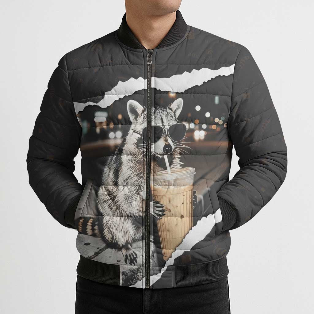 Cool Raccoon Drinking Iced Coffee Bomber Puffer Jacket Funny Animal Meme Urban Night Photography