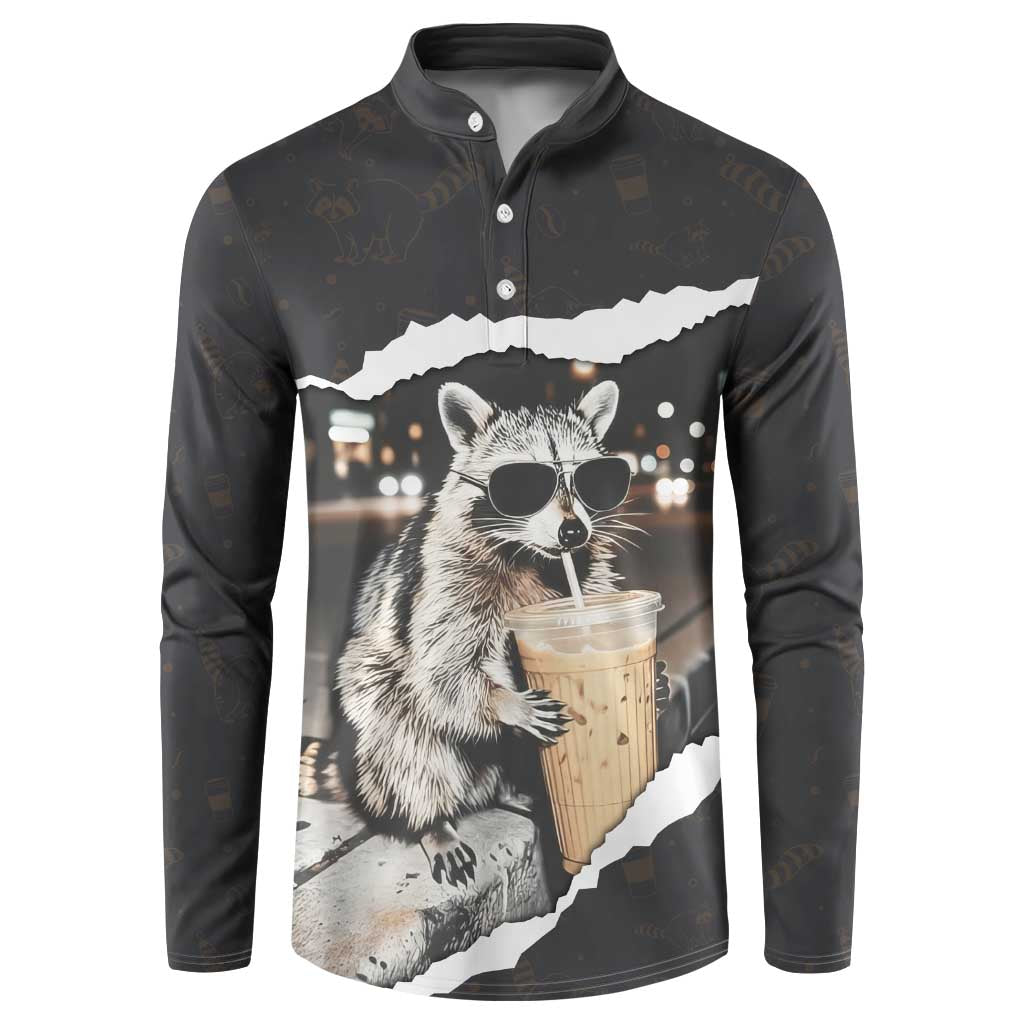Cool Raccoon Drinking Iced Coffee Button Sweatshirt Funny Animal Meme Urban Night Photography