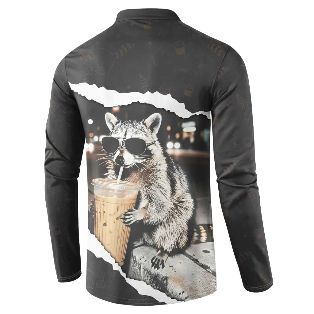 Cool Raccoon Drinking Iced Coffee Button Sweatshirt Funny Animal Meme Urban Night Photography