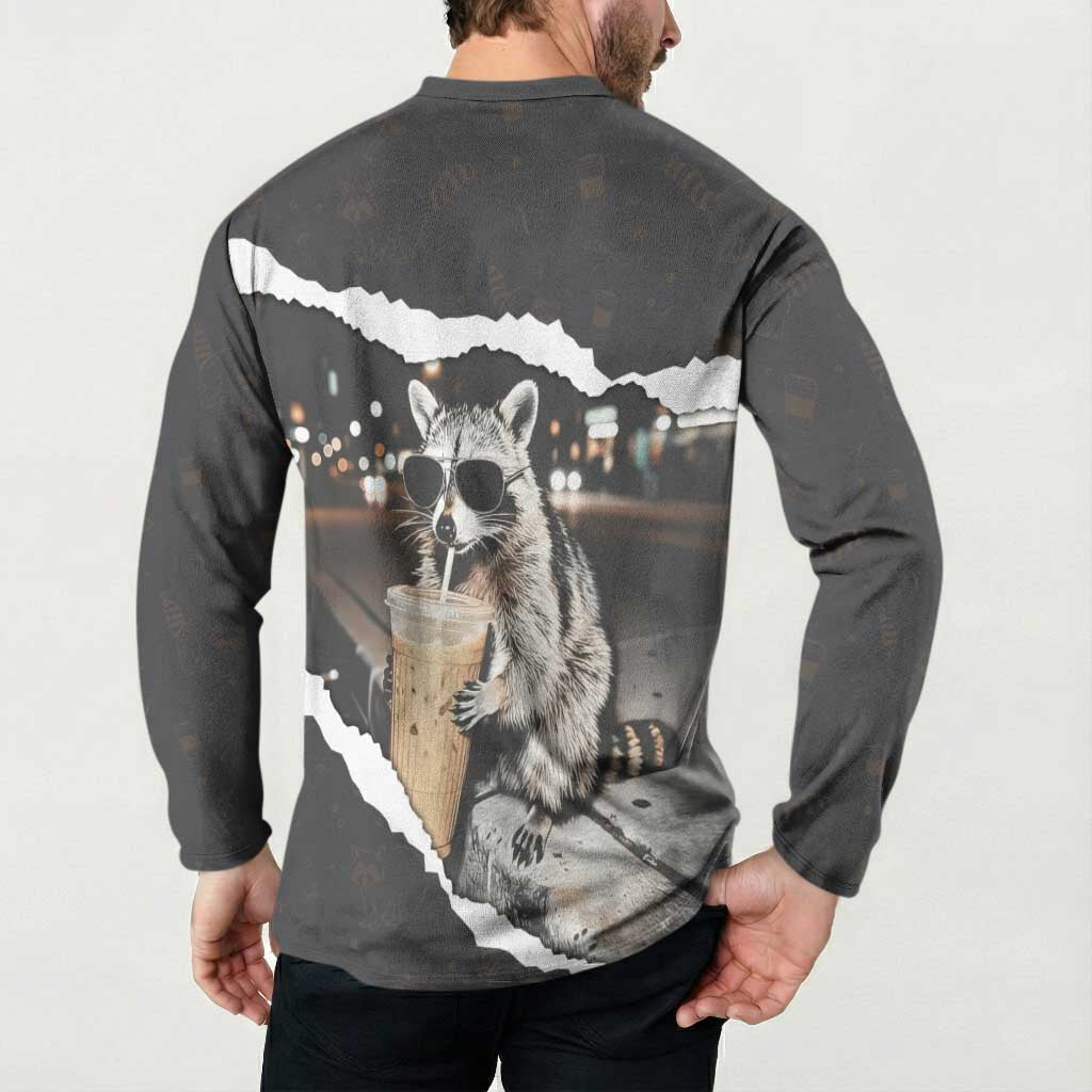 Cool Raccoon Drinking Iced Coffee Button Sweatshirt Funny Animal Meme Urban Night Photography