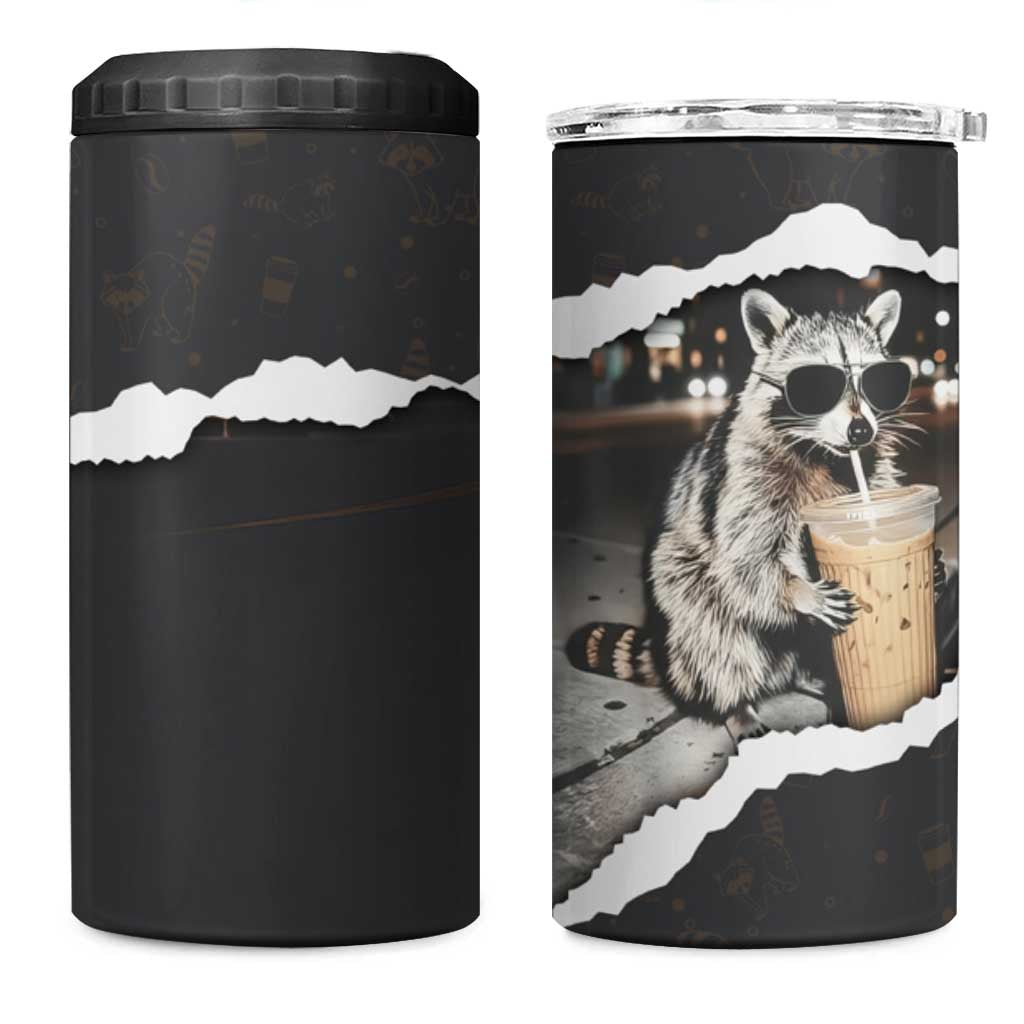 Cool Raccoon Drinking Iced Coffee 4 in 1 Can Cooler Tumbler Funny Animal Meme Urban Night Photography