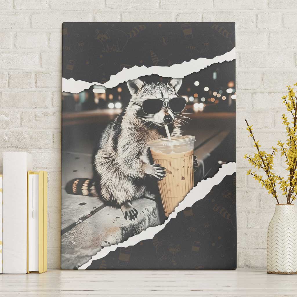 Cool Raccoon Drinking Iced Coffee Canvas Wall Art Funny Animal Meme Urban Night Photography