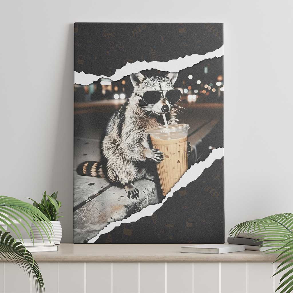 Cool Raccoon Drinking Iced Coffee Canvas Wall Art Funny Animal Meme Urban Night Photography