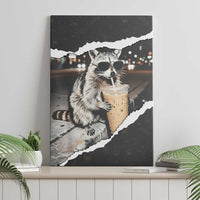 Cool Raccoon Drinking Iced Coffee Canvas Wall Art Funny Animal Meme Urban Night Photography