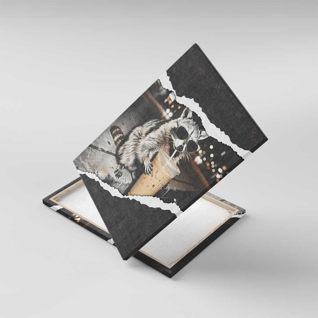 Cool Raccoon Drinking Iced Coffee Canvas Wall Art Funny Animal Meme Urban Night Photography