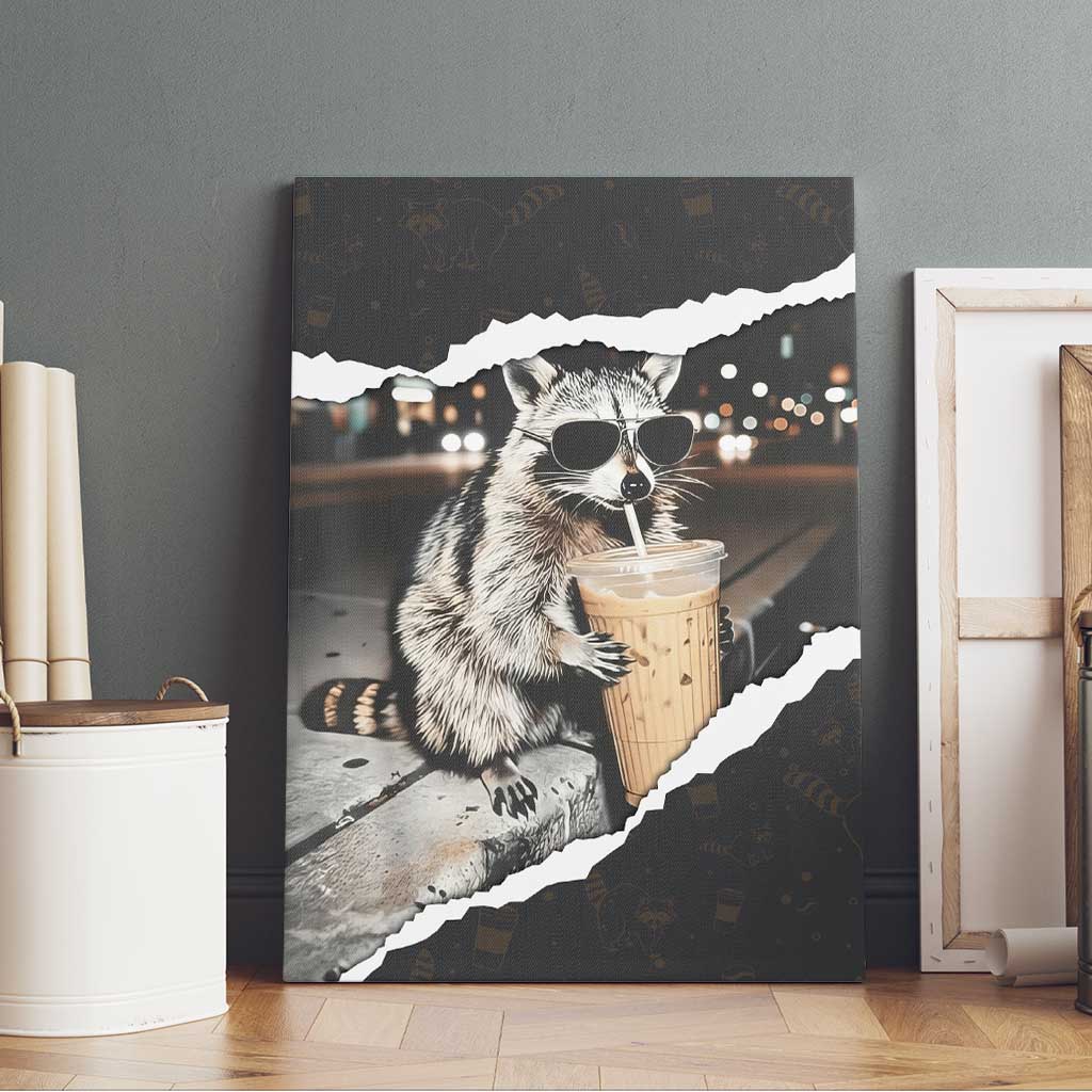 Cool Raccoon Drinking Iced Coffee Canvas Wall Art Funny Animal Meme Urban Night Photography