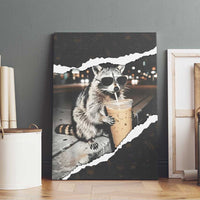 Cool Raccoon Drinking Iced Coffee Canvas Wall Art Funny Animal Meme Urban Night Photography