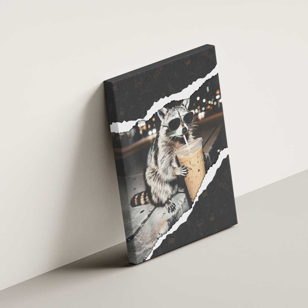 Cool Raccoon Drinking Iced Coffee Canvas Wall Art Funny Animal Meme Urban Night Photography