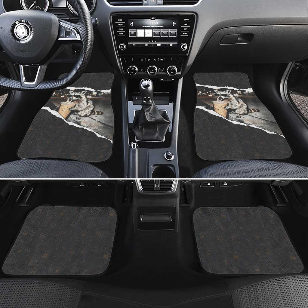 Cool Raccoon Drinking Iced Coffee Car Mats Funny Animal Meme Urban Night Photography