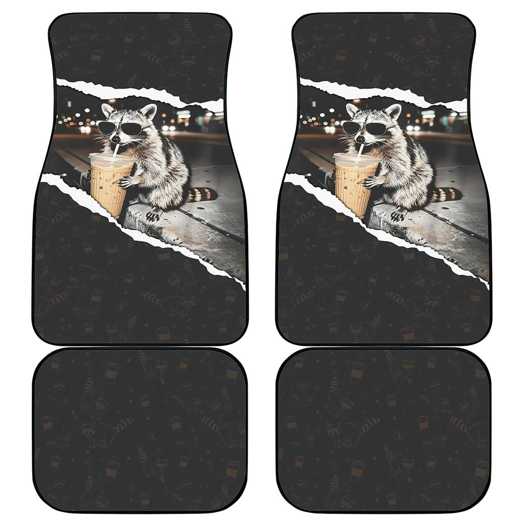 Cool Raccoon Drinking Iced Coffee Car Mats Funny Animal Meme Urban Night Photography