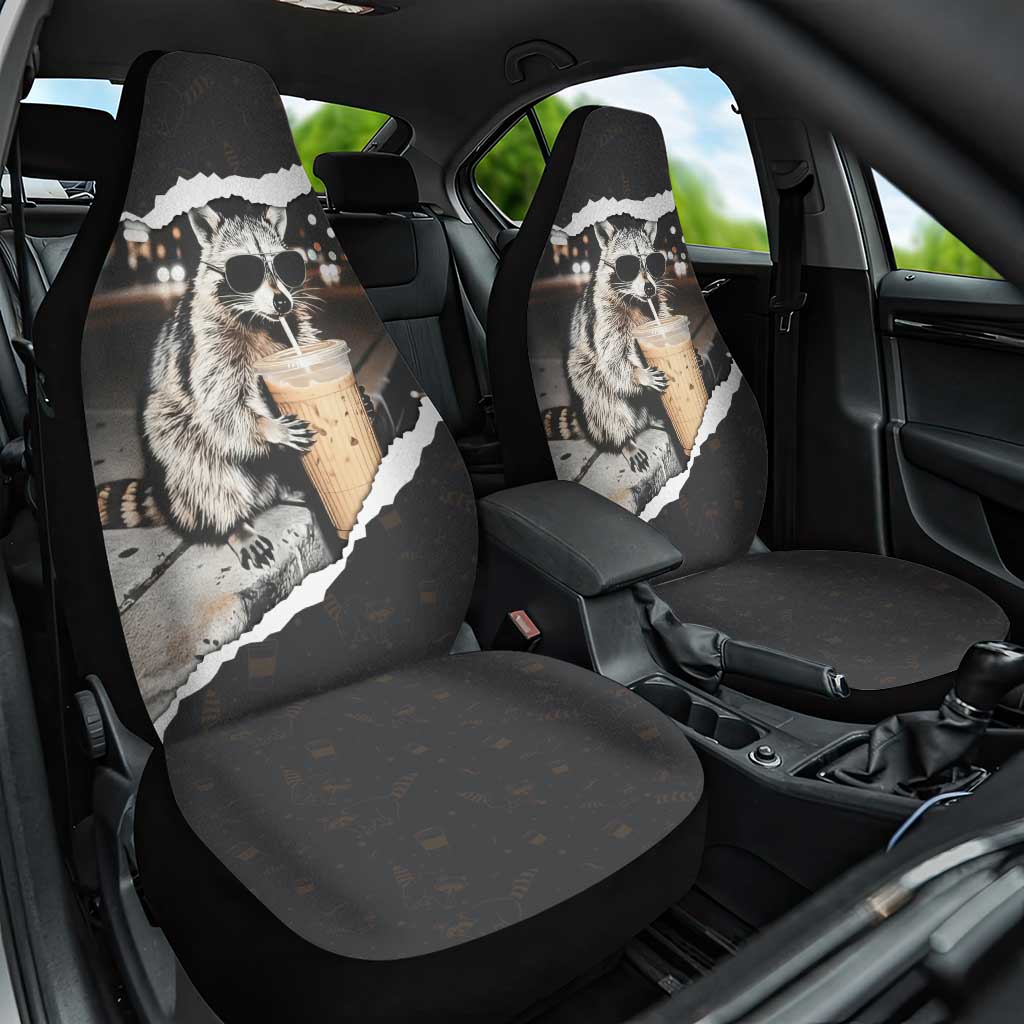 Cool Raccoon Drinking Iced Coffee Car Seat Cover Funny Animal Meme Urban Night Photography