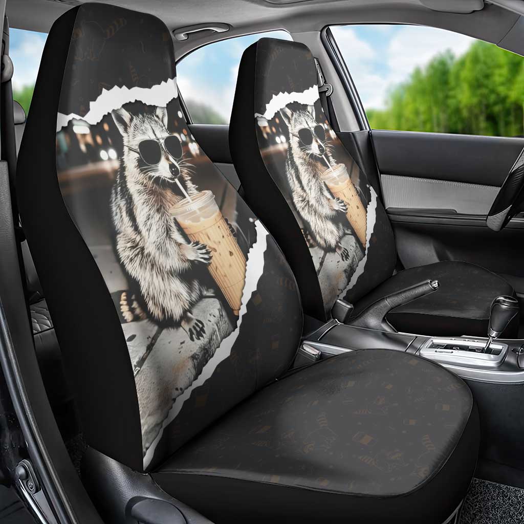 Cool Raccoon Drinking Iced Coffee Car Seat Cover Funny Animal Meme Urban Night Photography