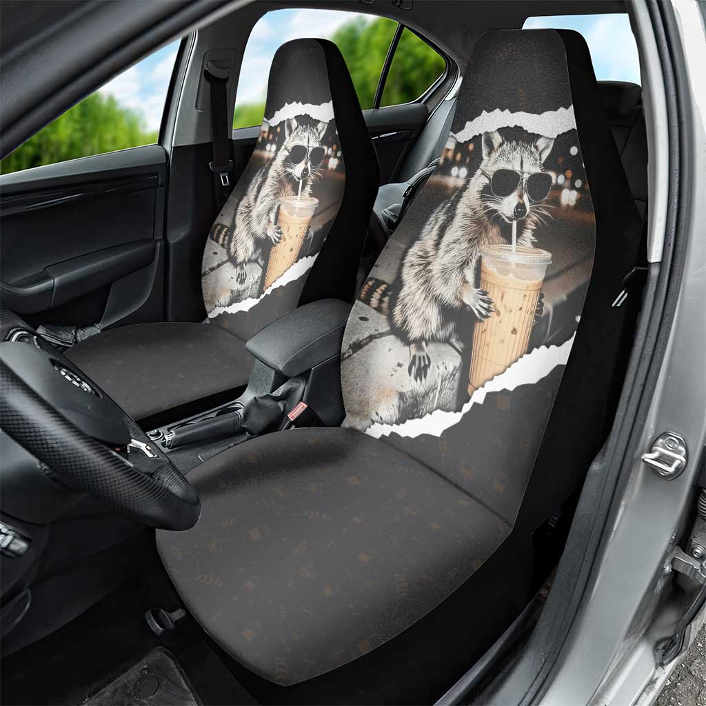 Cool Raccoon Drinking Iced Coffee Car Seat Cover Funny Animal Meme Urban Night Photography