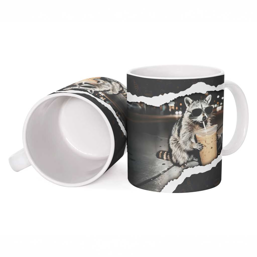 Cool Raccoon Drinking Iced Coffee Ceramic Mug Funny Animal Meme Urban Night Photography