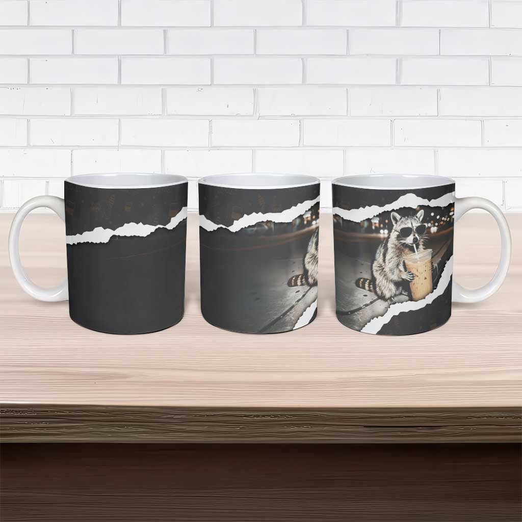 Cool Raccoon Drinking Iced Coffee Ceramic Mug Funny Animal Meme Urban Night Photography