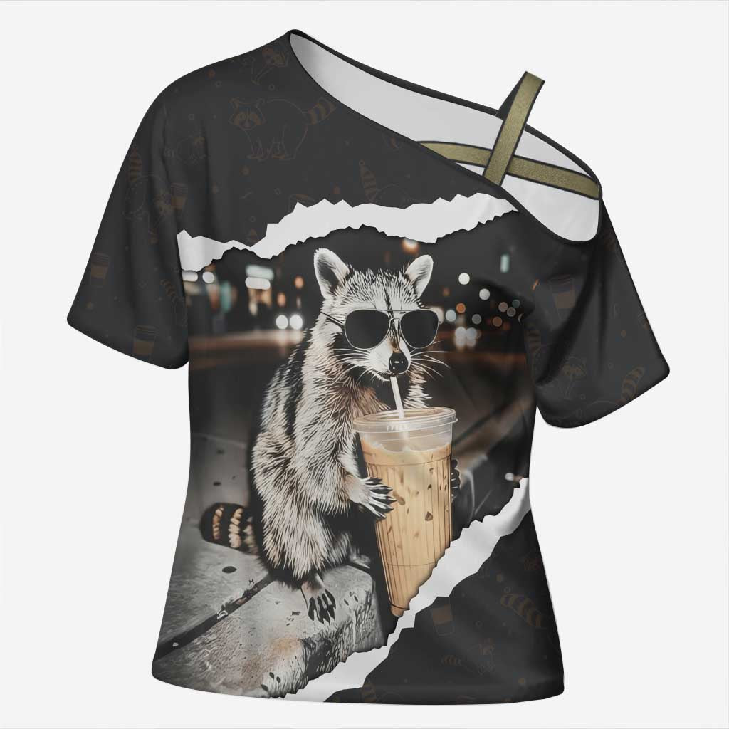 Cool Raccoon Drinking Iced Coffee Cross Shoulder Shirt Funny Animal Meme Urban Night Photography