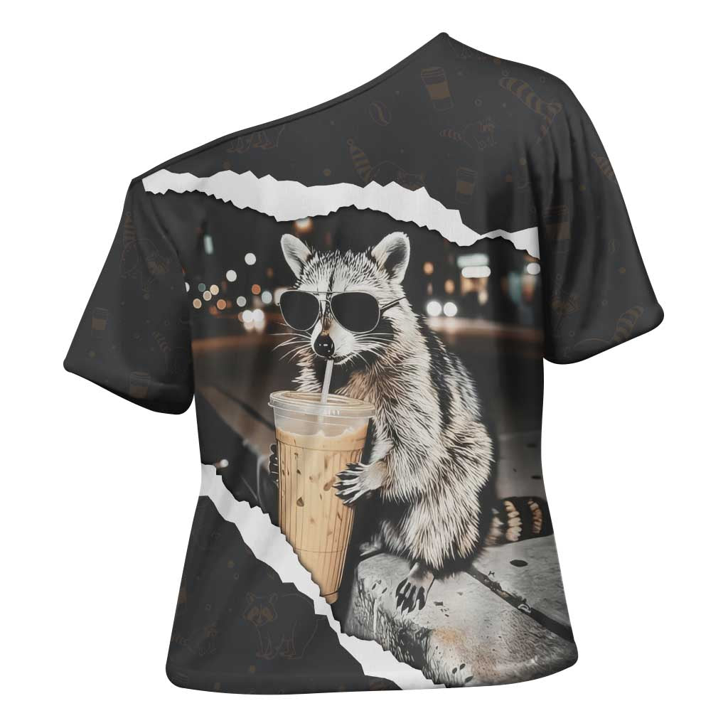 Cool Raccoon Drinking Iced Coffee Cross Shoulder Shirt Funny Animal Meme Urban Night Photography