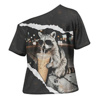 Cool Raccoon Drinking Iced Coffee Cross Shoulder Shirt Funny Animal Meme Urban Night Photography