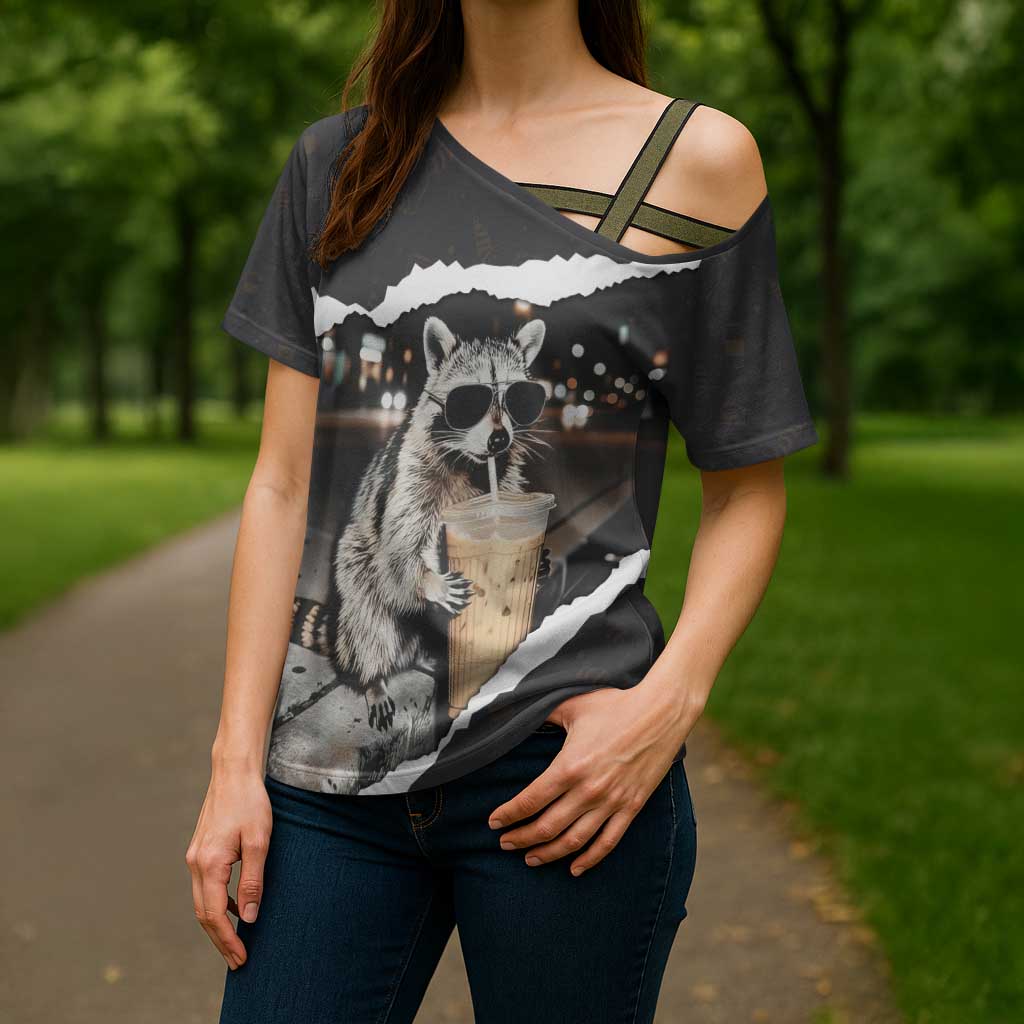 Cool Raccoon Drinking Iced Coffee Cross Shoulder Shirt Funny Animal Meme Urban Night Photography