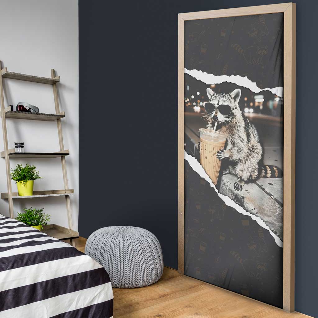 Cool Raccoon Drinking Iced Coffee Door Cover Funny Animal Meme Urban Night Photography