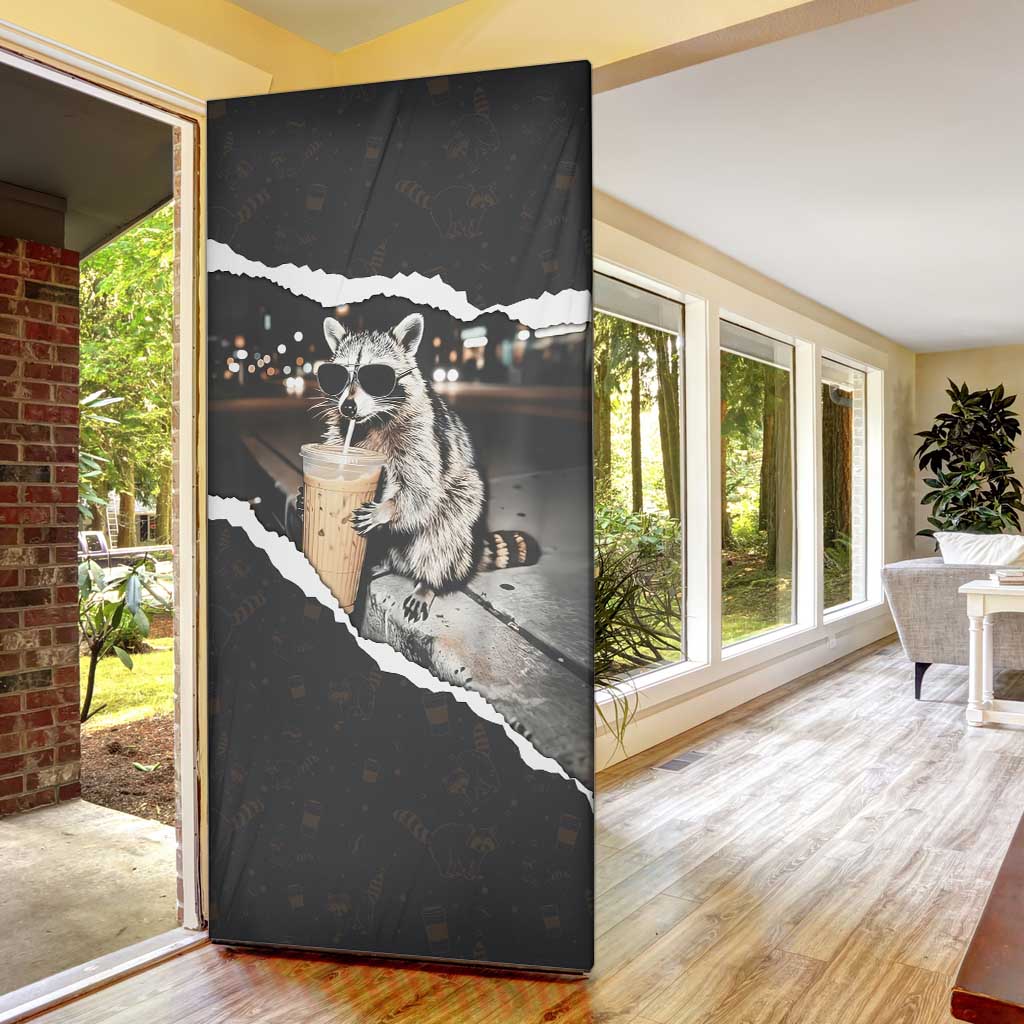 Cool Raccoon Drinking Iced Coffee Door Cover Funny Animal Meme Urban Night Photography