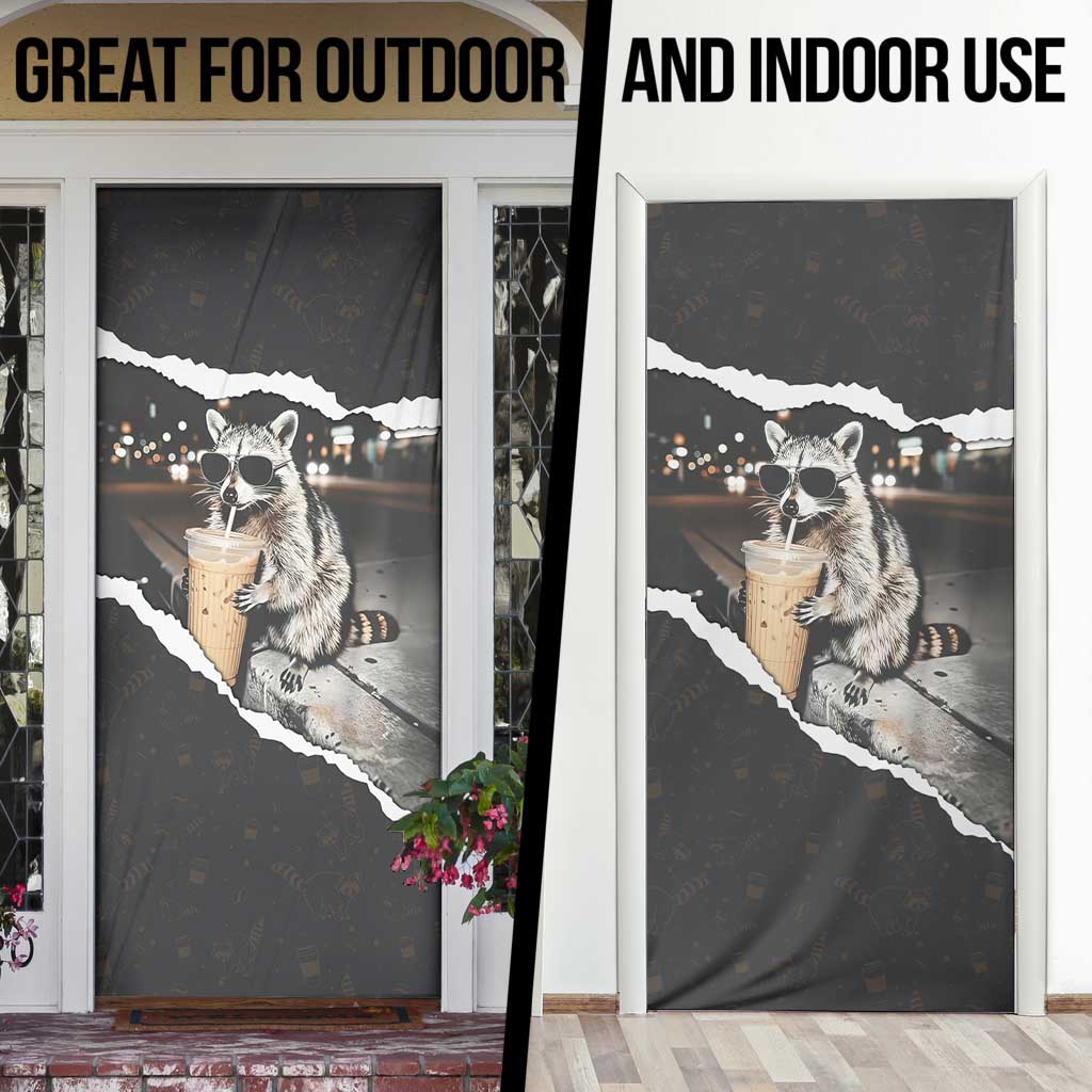 Cool Raccoon Drinking Iced Coffee Door Cover Funny Animal Meme Urban Night Photography