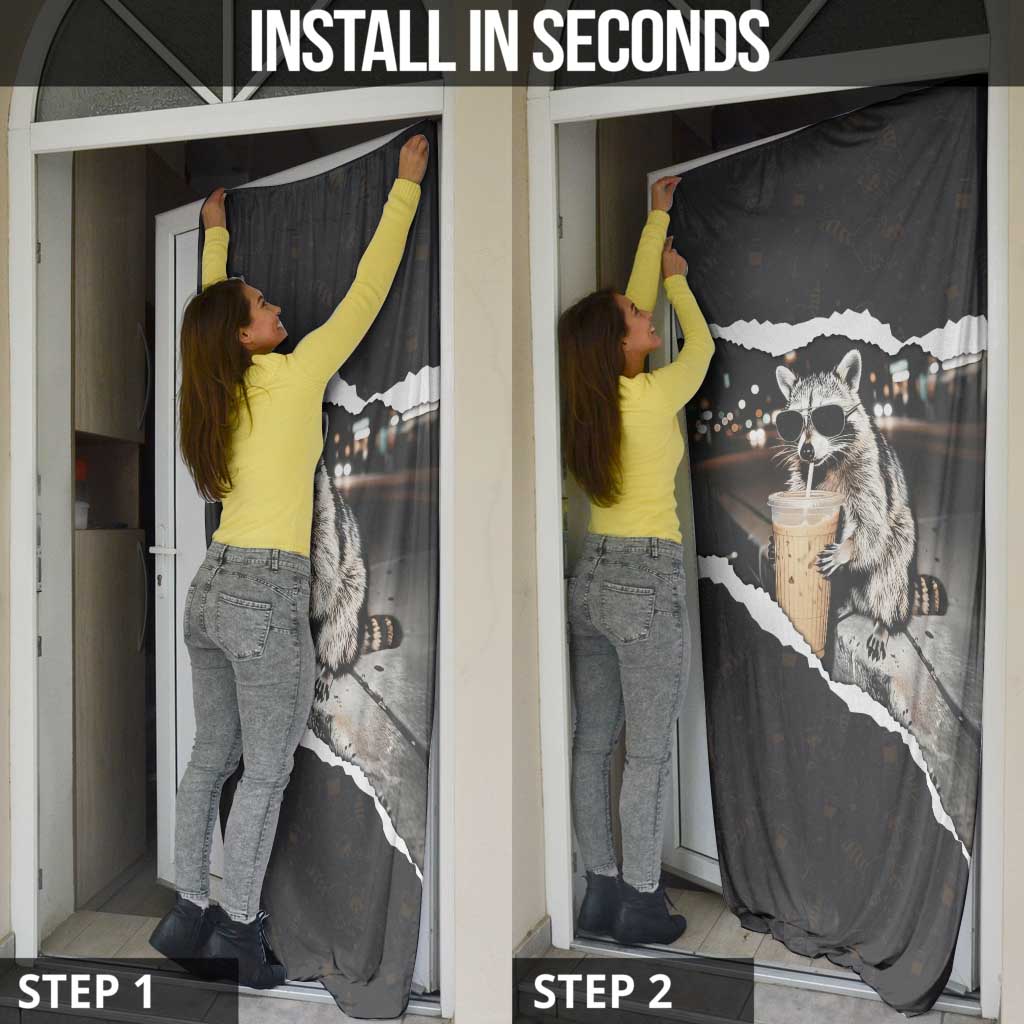 Cool Raccoon Drinking Iced Coffee Door Cover Funny Animal Meme Urban Night Photography