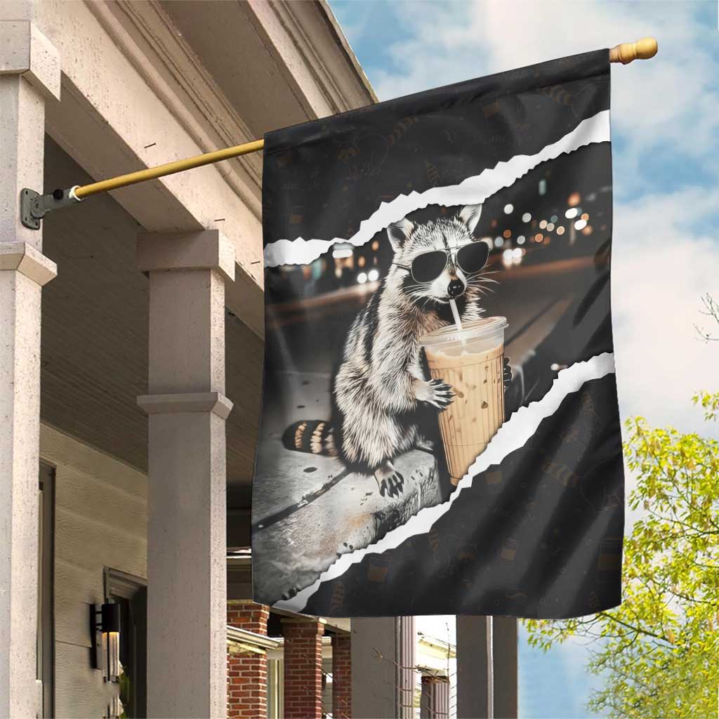 Cool Raccoon Drinking Iced Coffee Garden Flag Funny Animal Meme Urban Night Photography
