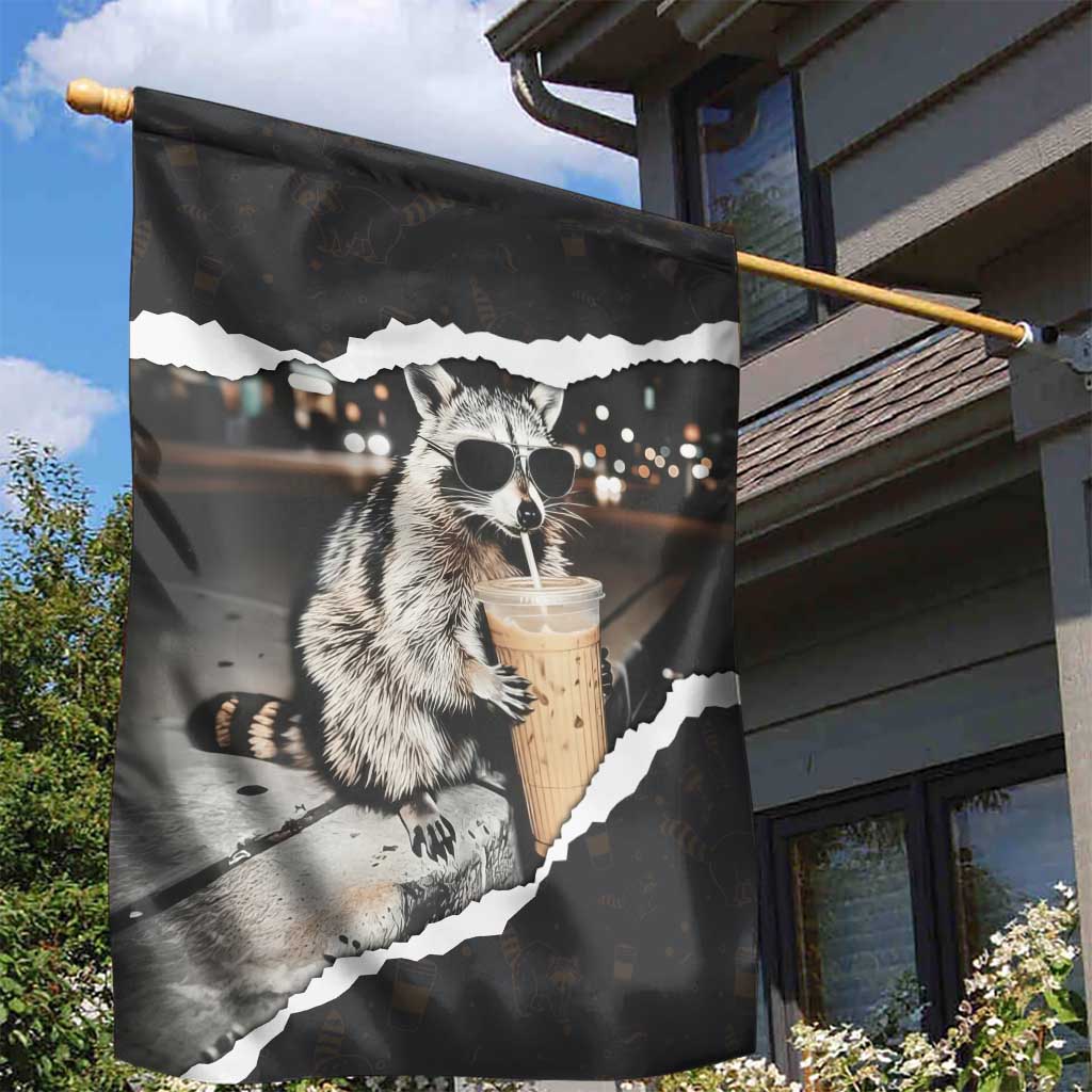 Cool Raccoon Drinking Iced Coffee Garden Flag Funny Animal Meme Urban Night Photography