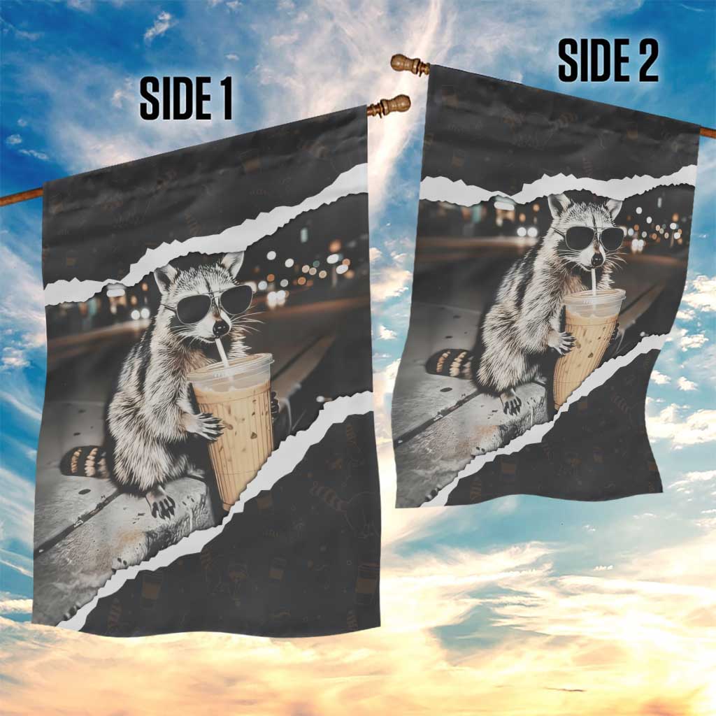 Cool Raccoon Drinking Iced Coffee Garden Flag Funny Animal Meme Urban Night Photography