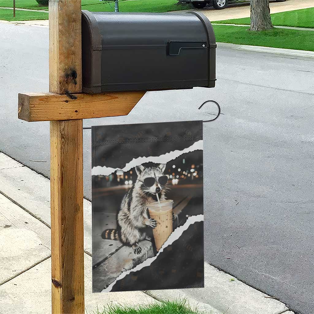 Cool Raccoon Drinking Iced Coffee Garden Flag Funny Animal Meme Urban Night Photography