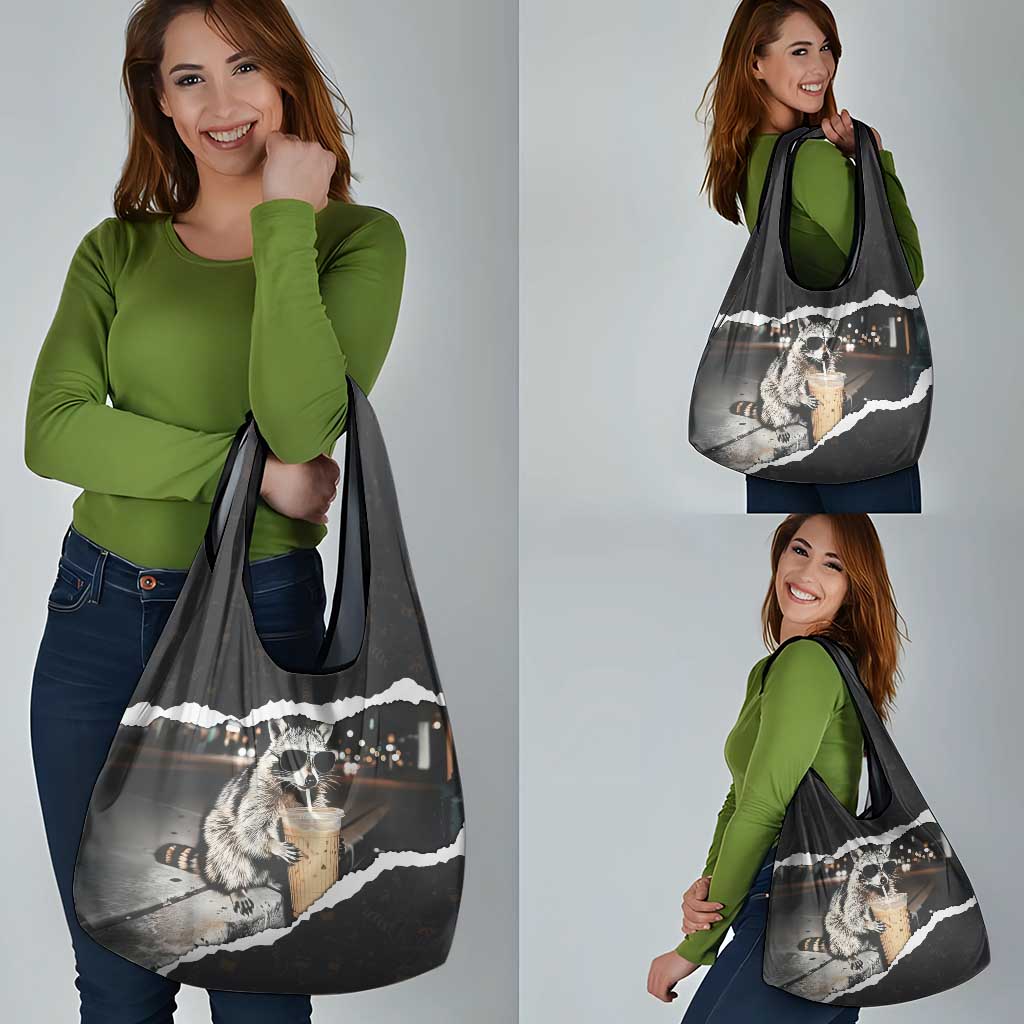 Cool Raccoon Drinking Iced Coffee Grocery Bag Funny Animal Meme Urban Night Photography