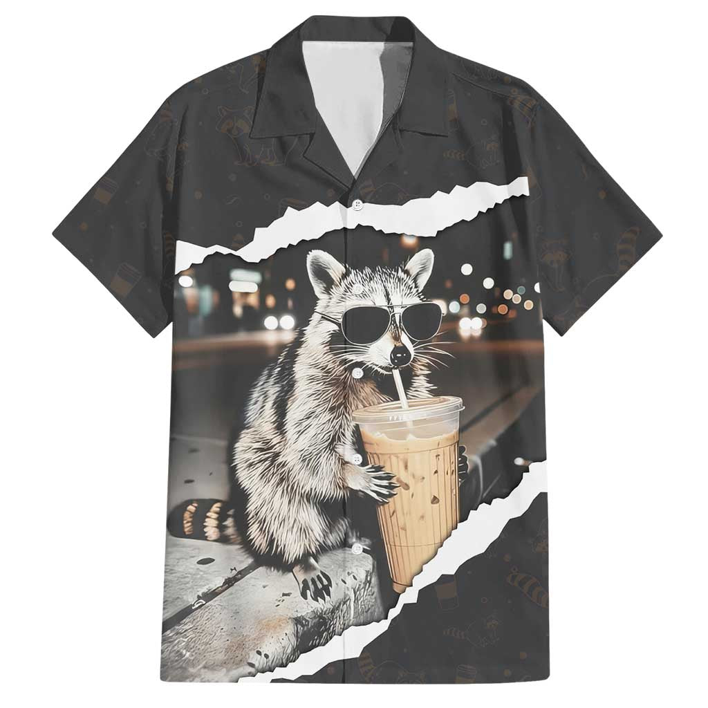 Cool Raccoon Drinking Iced Coffee Hawaiian Shirt Funny Animal Meme Urban Night Photography