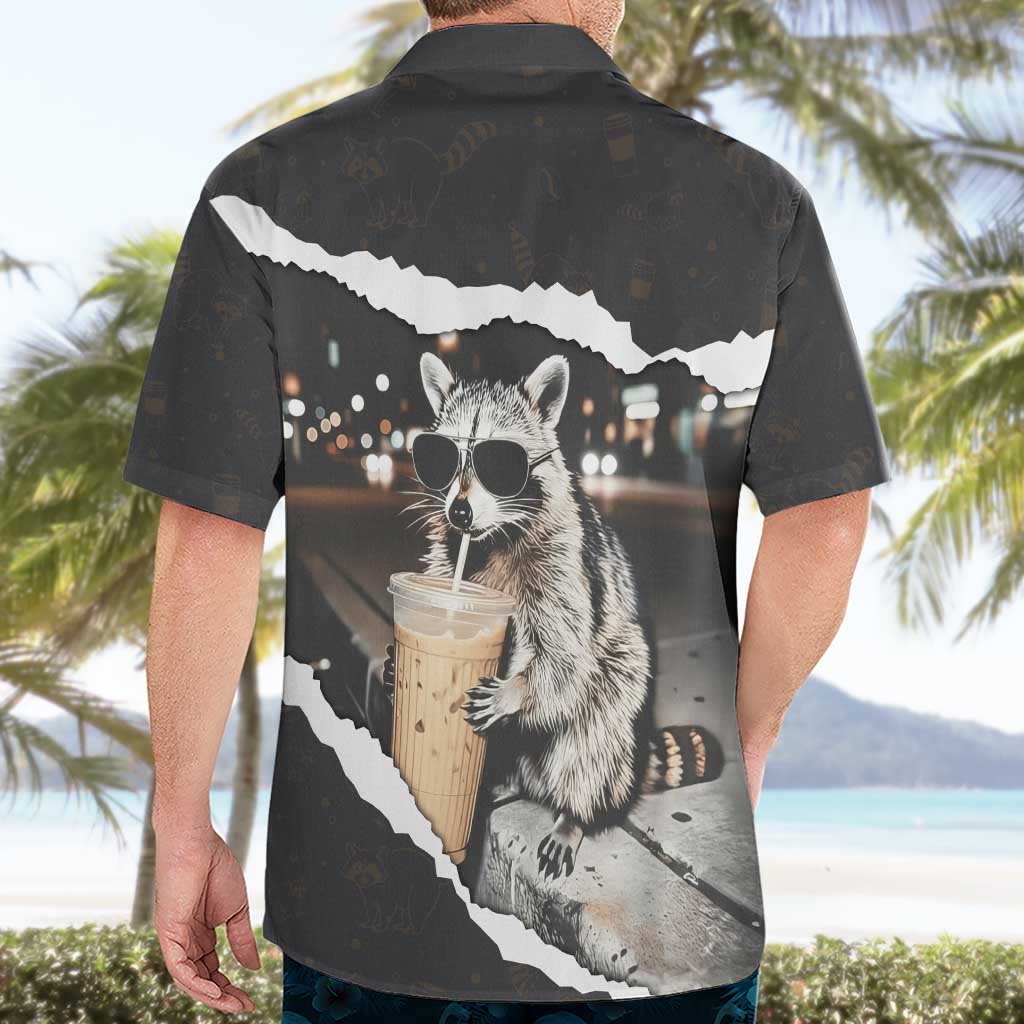 Cool Raccoon Drinking Iced Coffee Hawaiian Shirt Funny Animal Meme Urban Night Photography