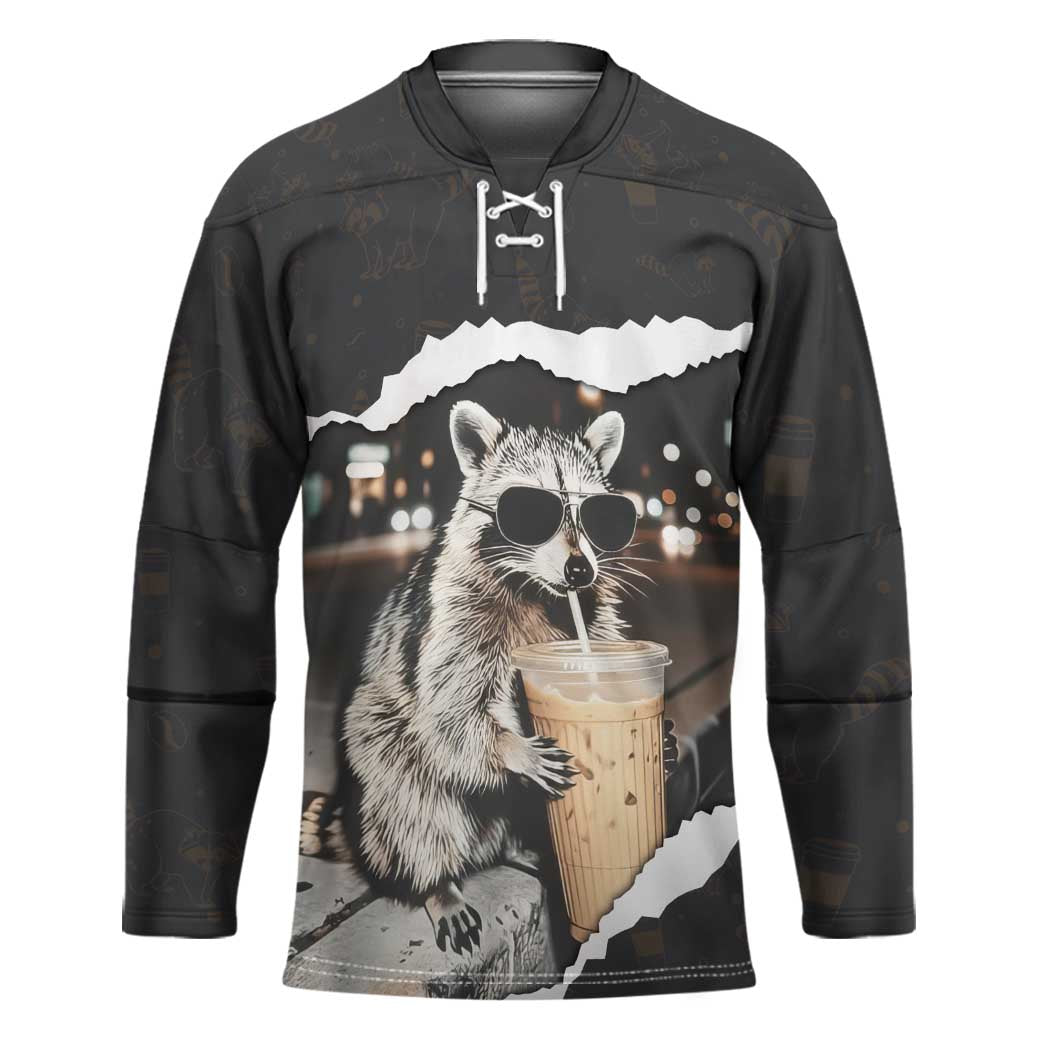Cool Raccoon Drinking Iced Coffee Hockey Jersey Funny Animal Meme Urban Night Photography
