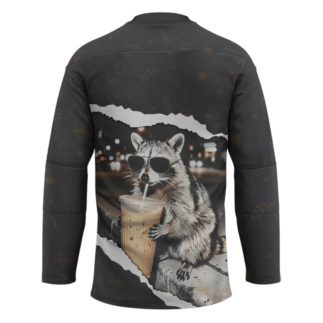 Cool Raccoon Drinking Iced Coffee Hockey Jersey Funny Animal Meme Urban Night Photography